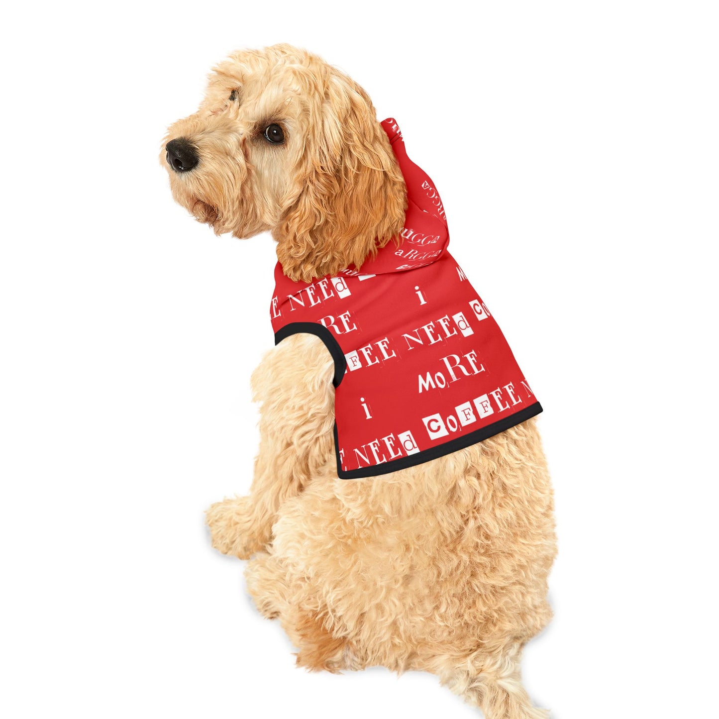 Pet Hoodie - 'Mugga Argga Gogga Aorga' and its translation, 'I need more coffee' - red