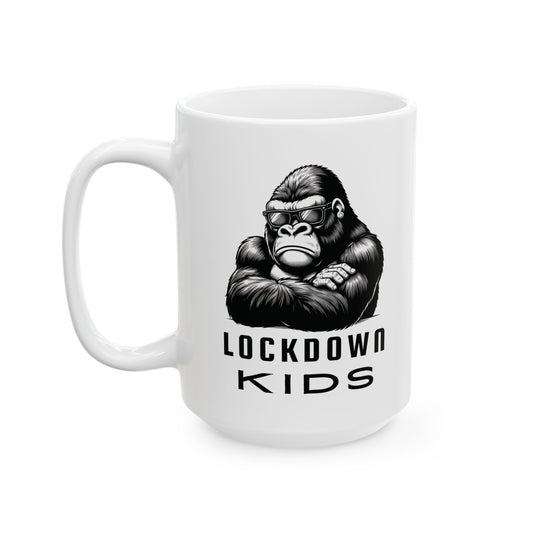 Lockdown Kids - Gorilla - double sided - Covid Lockdown Cup - mono. Available in two sizes: 11oz (0.33 l) and 15oz (0.44 l)