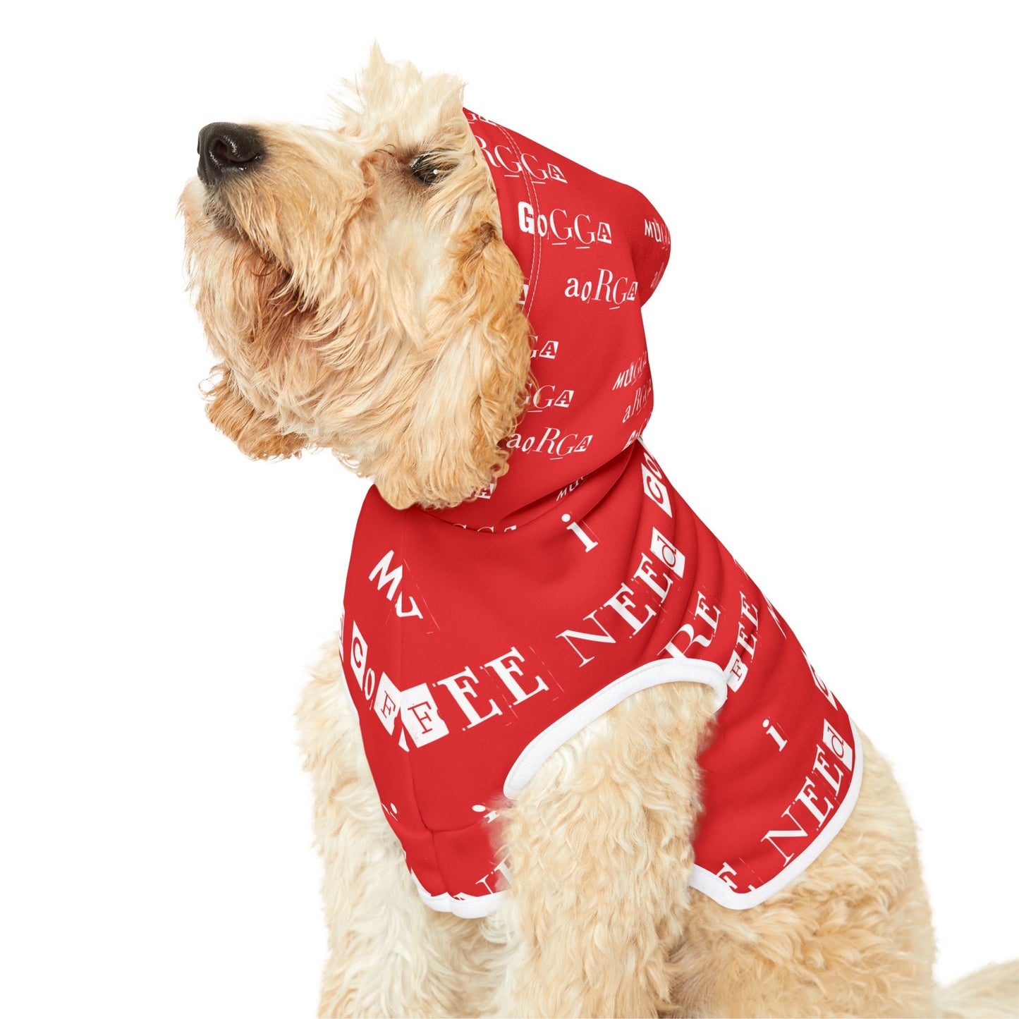 Pet Hoodie - 'Mugga Argga Gogga Aorga' and its translation, 'I need more coffee' - red