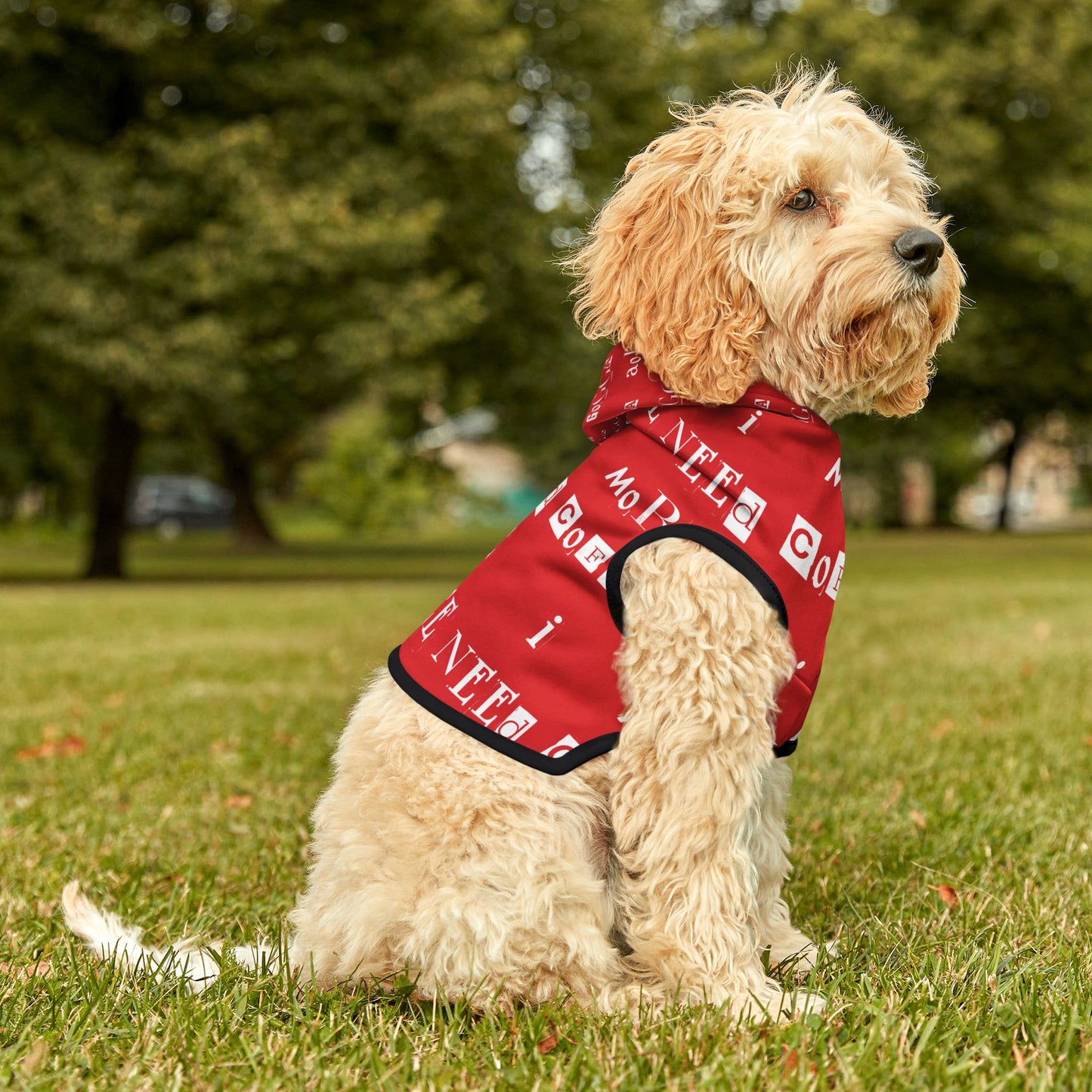 Pet Hoodie - 'Mugga Argga Gogga Aorga' and its translation, 'I need more coffee' - red