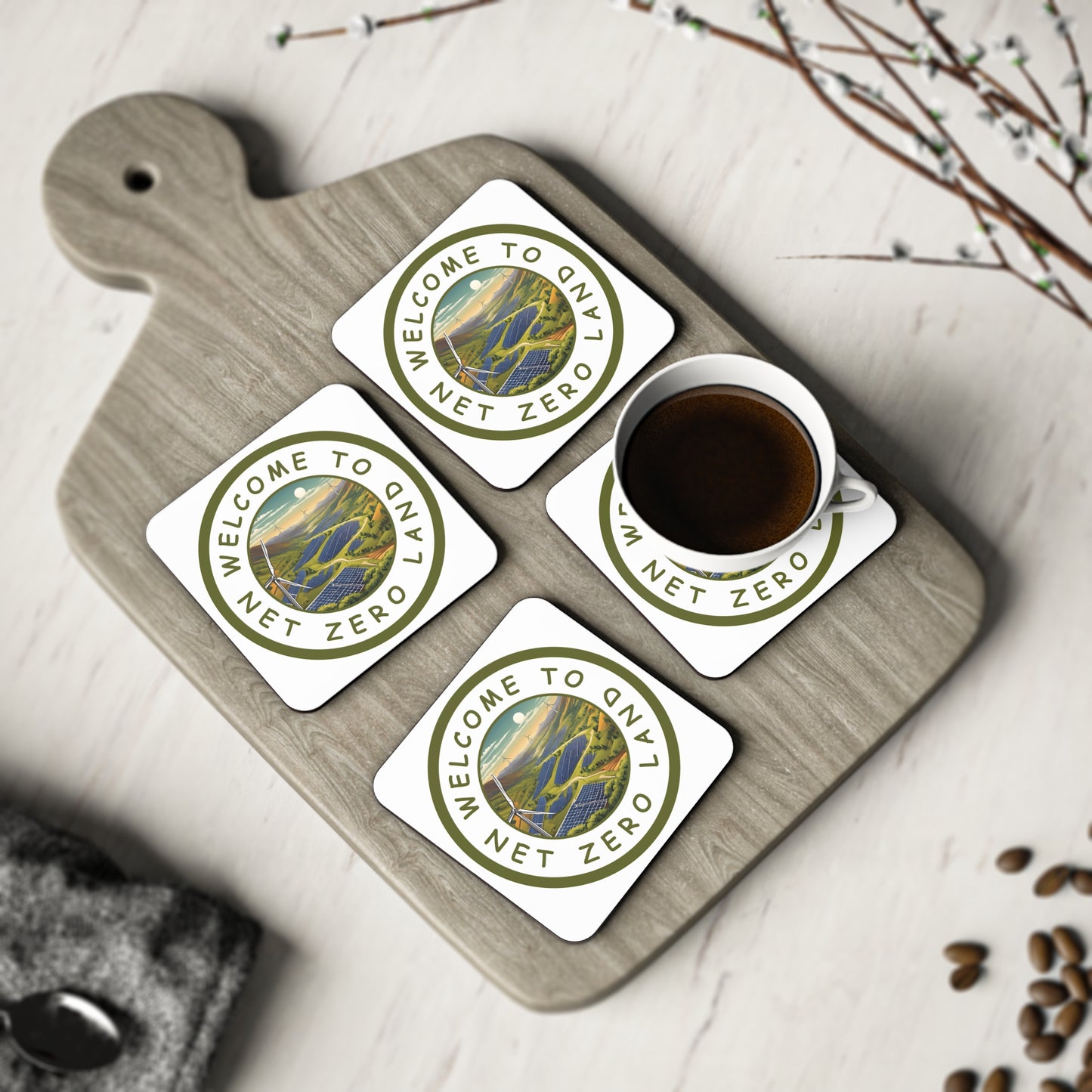 Net Zero Land Coaster - 9.5cm diameter (3.7") available as 1 piece or set of 4. Limited edition (V7)