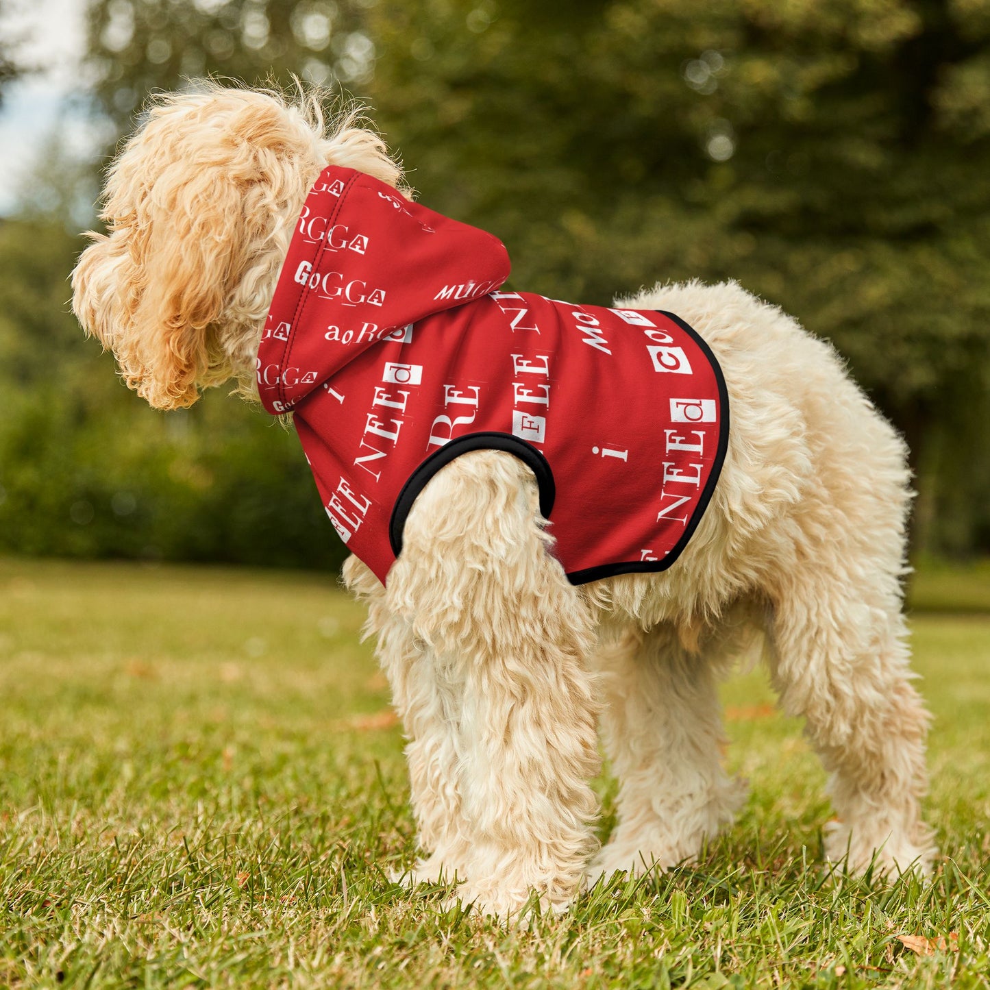 Pet Hoodie - 'Mugga Argga Gogga Aorga' and its translation, 'I need more coffee' - red