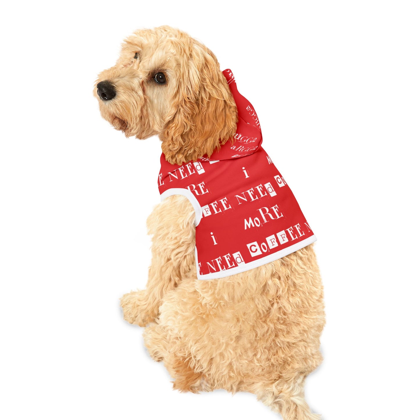 Pet Hoodie - 'Mugga Argga Gogga Aorga' and its translation, 'I need more coffee' - red