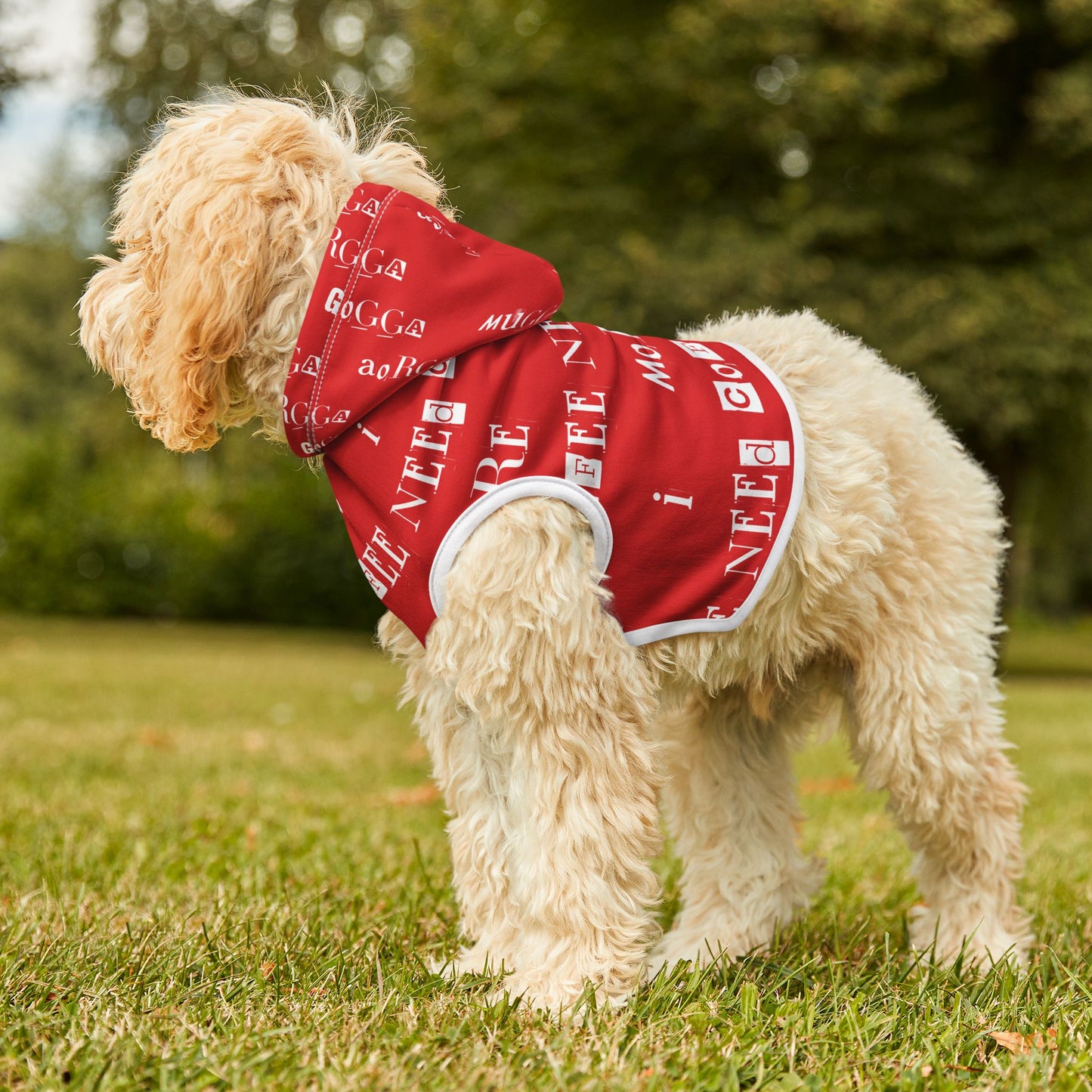 Pet Hoodie - 'Mugga Argga Gogga Aorga' and its translation, 'I need more coffee' - red