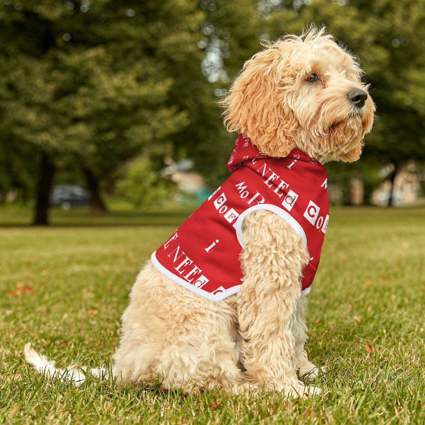 Pet Hoodie - 'Mugga Argga Gogga Aorga' and its translation, 'I need more coffee' - red