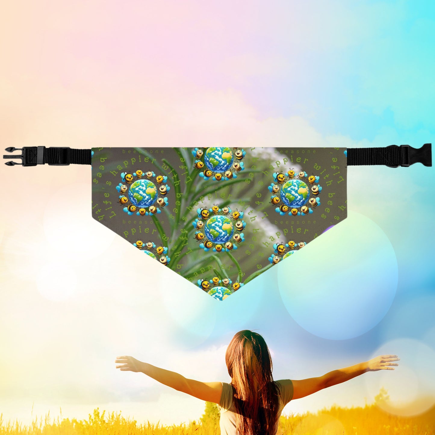Life's happier with bees pet bandana collar - never let go with the included adjustable buckle up black collar