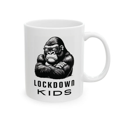 Lockdown Kids - Gorilla - double sided - Covid Lockdown Cup - mono. Available in two sizes: 11oz (0.33 l) and 15oz (0.44 l)