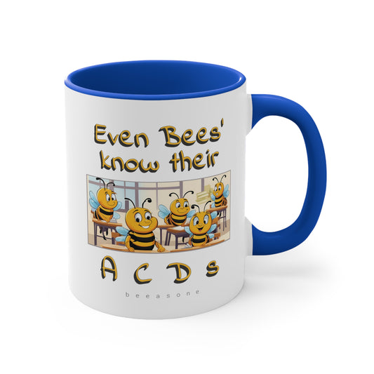 Even bees know their A C D s beeasone coloured Hot Chocolate or Coffee Mug 325ml (Standard 11oz) right-handed mug :)  Special Spelling Bee Promotion