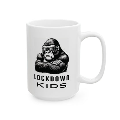 Lockdown Kids - Gorilla - double sided - Covid Lockdown Cup - mono. Available in two sizes: 11oz (0.33 l) and 15oz (0.44 l)