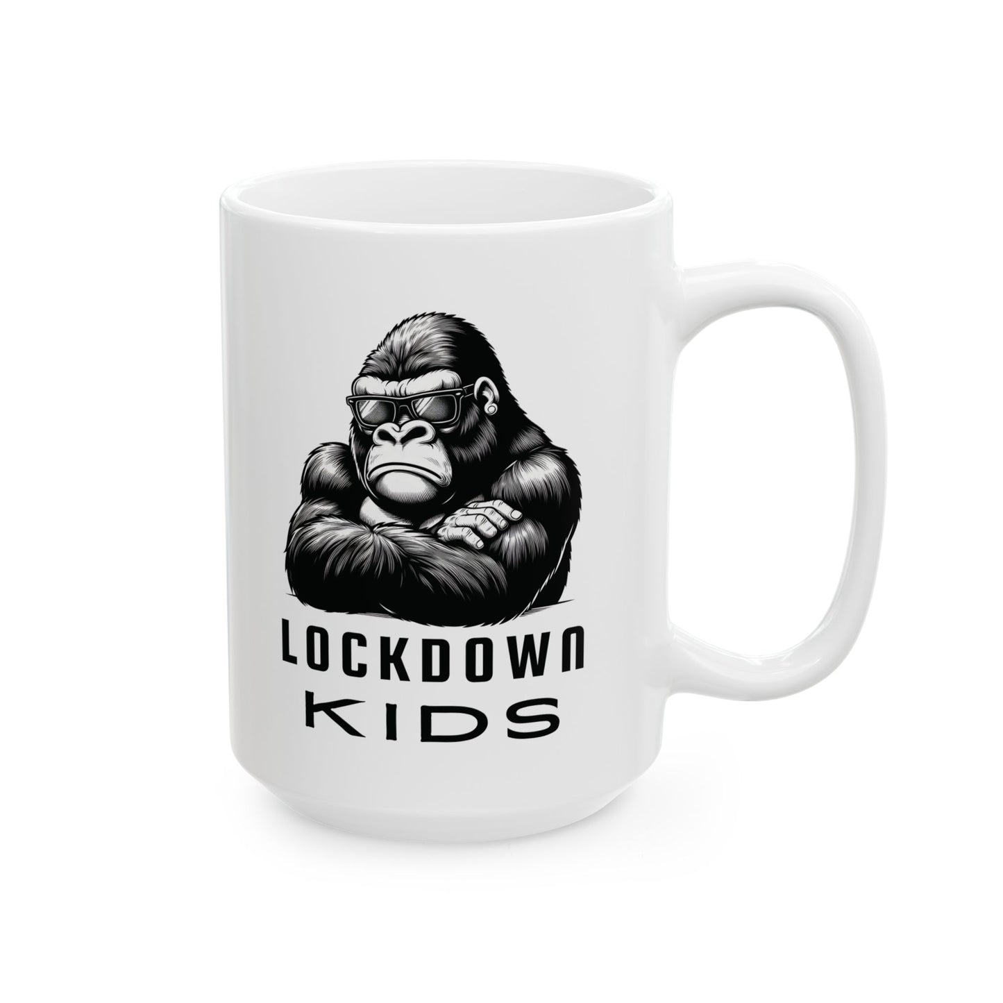 Lockdown Kids - Gorilla - double sided - Covid Lockdown Cup - mono. Available in two sizes: 11oz (0.33 l) and 15oz (0.44 l)