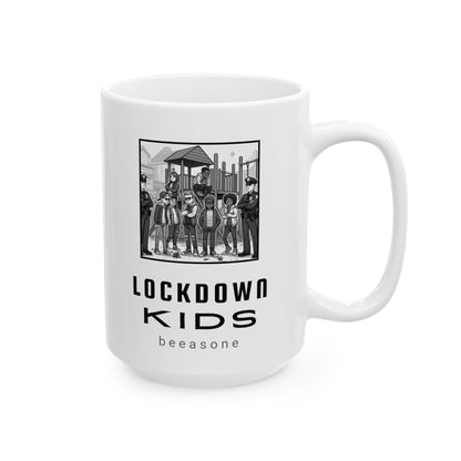 Lockdown Kids in playground double sided - Covid Lockdown Cup - mono. Available in two sizes: 11oz (0.33 l) and 15oz (0.44 l)