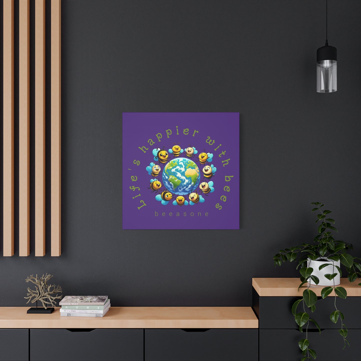 Life's happier with bees beeasone print on canvas with hanging kit