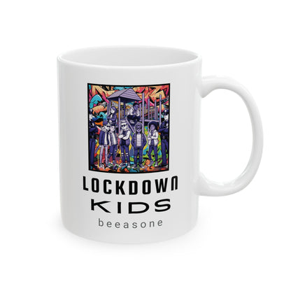 Lockdown Kids in playground with  printed on the other side - Covid Lockdown Cup