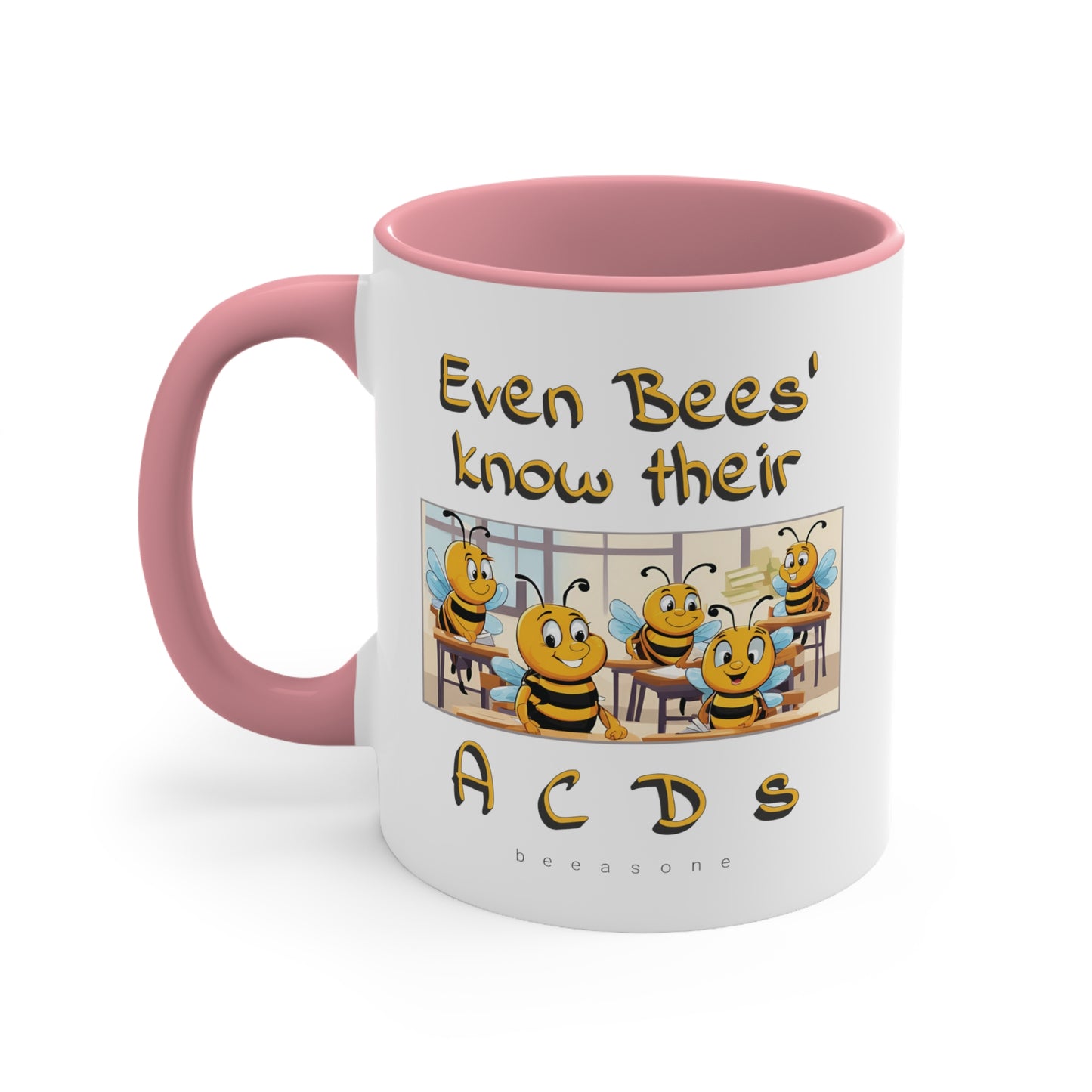 Even bees know their A C D s beeasone coloured Hot Chocolate or Coffee Mug 325ml (Standard 11oz) right-handed mug :)  Special Spelling Bee Promotion