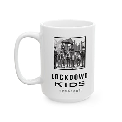 Lockdown Kids in playground double sided - Covid Lockdown Cup - mono. Available in two sizes: 11oz (0.33 l) and 15oz (0.44 l)