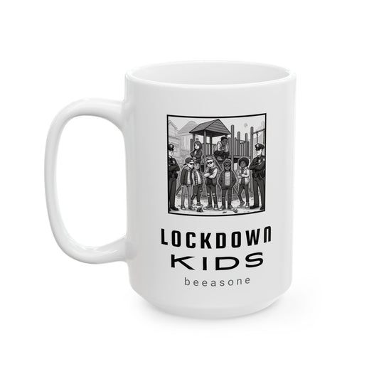 Lockdown Kids in playground double sided - Covid Lockdown Cup - mono. Available in two sizes: 11oz (0.33 l) and 15oz (0.44 l)