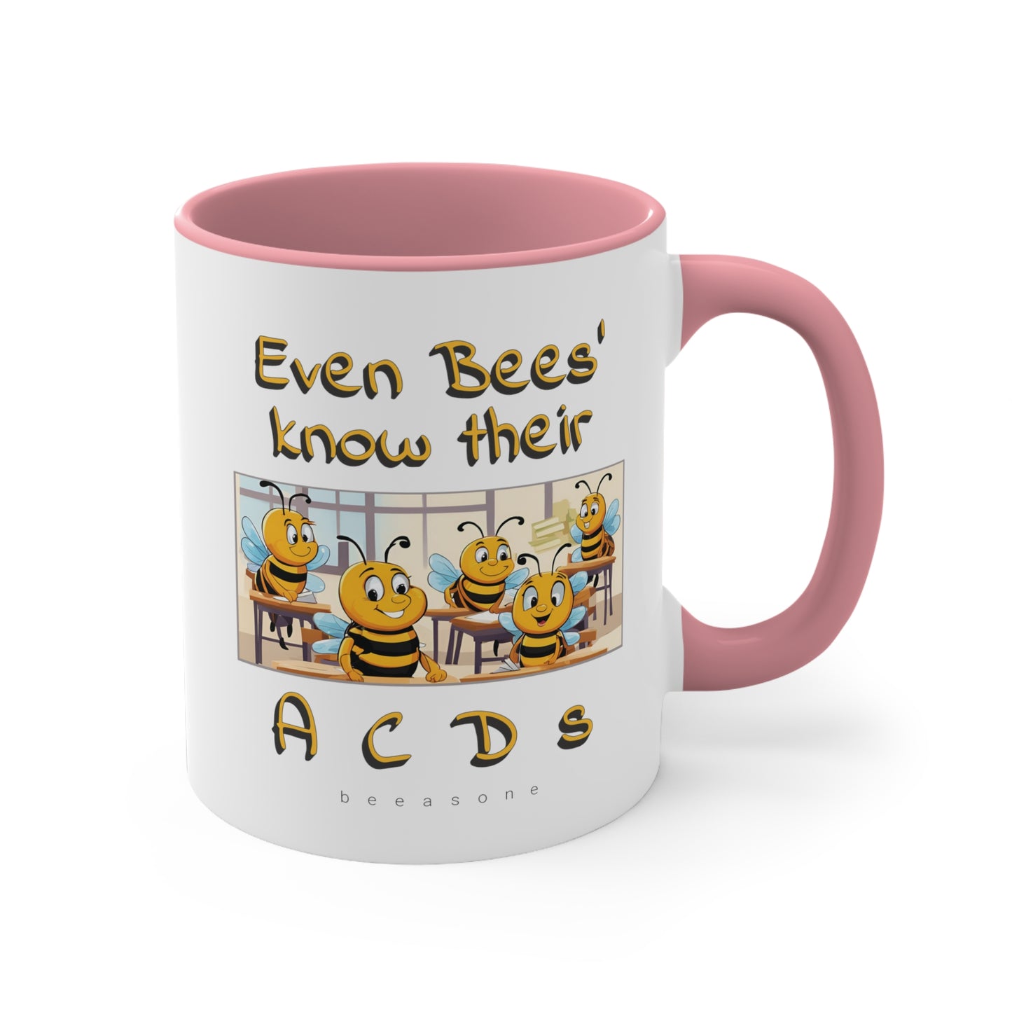 Even bees know their A C D s beeasone coloured Hot Chocolate or Coffee Mug 325ml (Standard 11oz) right-handed mug :)  Special Spelling Bee Promotion