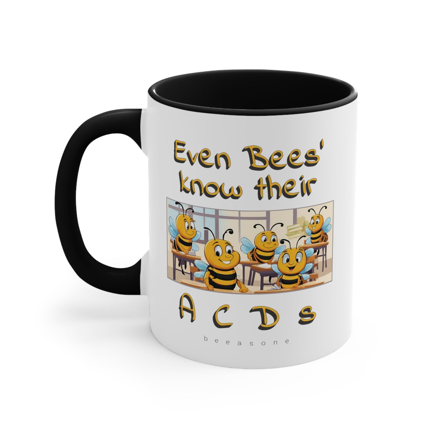 Even bees know their A C D s beeasone coloured Hot Chocolate or Coffee Mug 325ml (Standard 11oz) right-handed mug :)  Special Spelling Bee Promotion