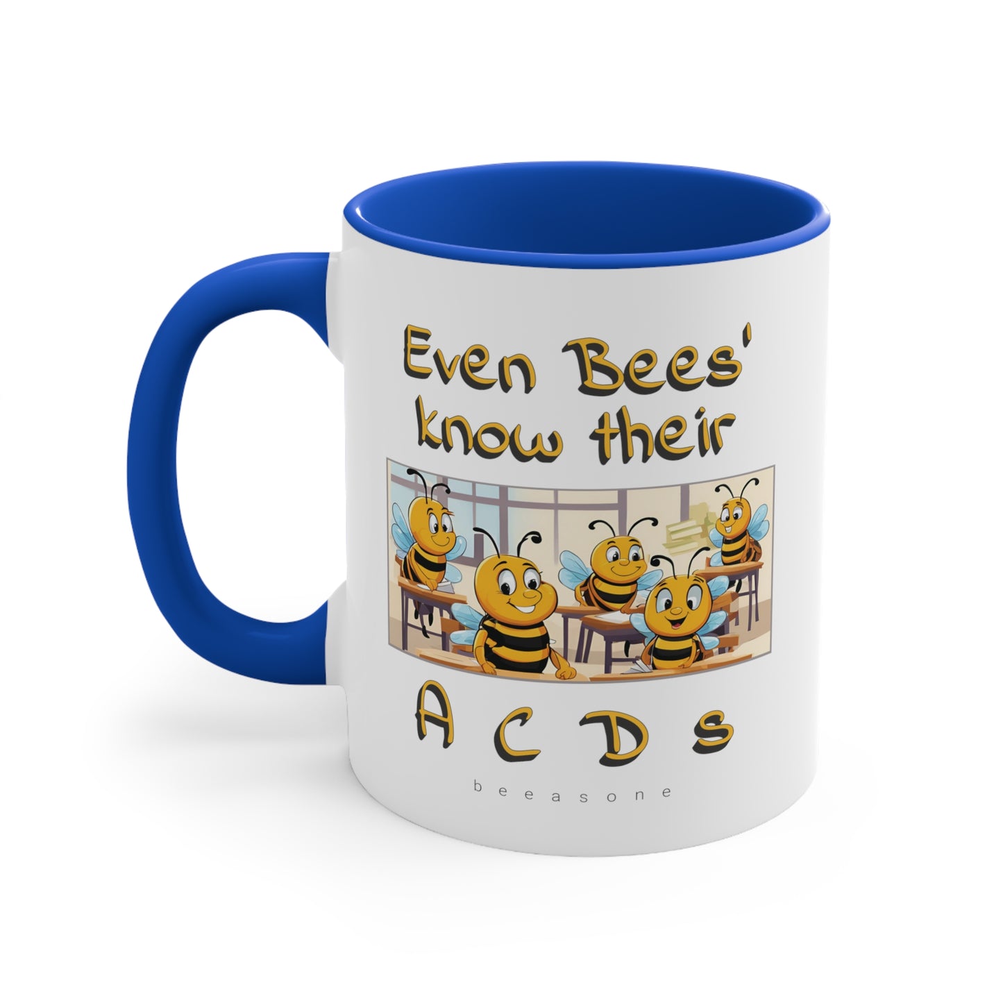 Even bees know their A C D s beeasone coloured Hot Chocolate or Coffee Mug 325ml (Standard 11oz) right-handed mug :)  Special Spelling Bee Promotion