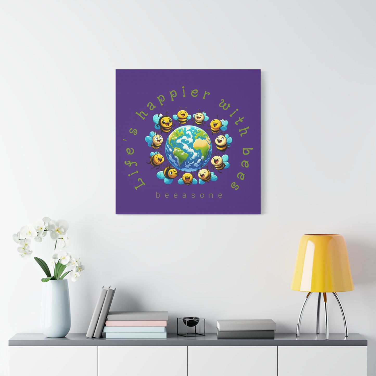 Life's happier with bees beeasone print on canvas with hanging kit