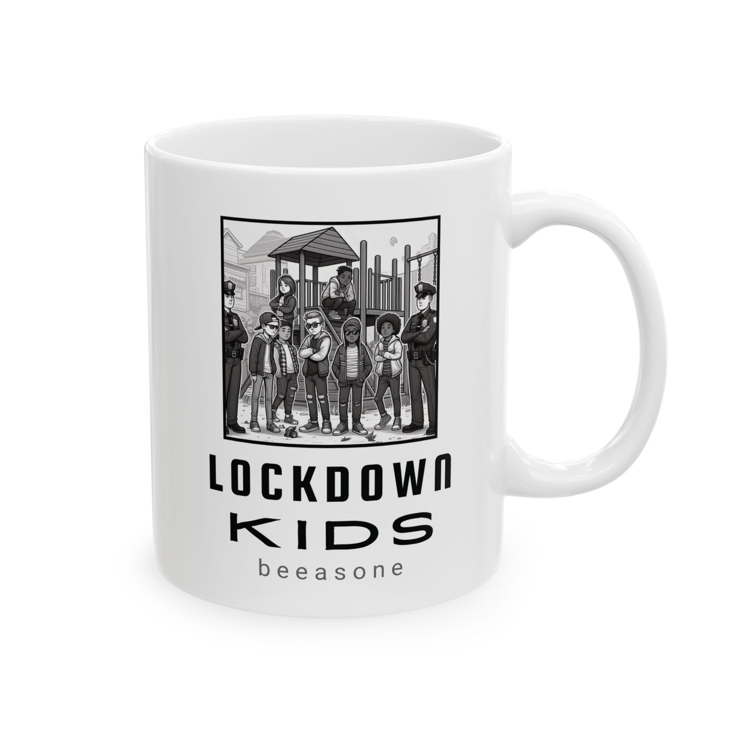 Lockdown Kids in playground double sided - Covid Lockdown Cup - mono. Available in two sizes: 11oz (0.33 l) and 15oz (0.44 l)