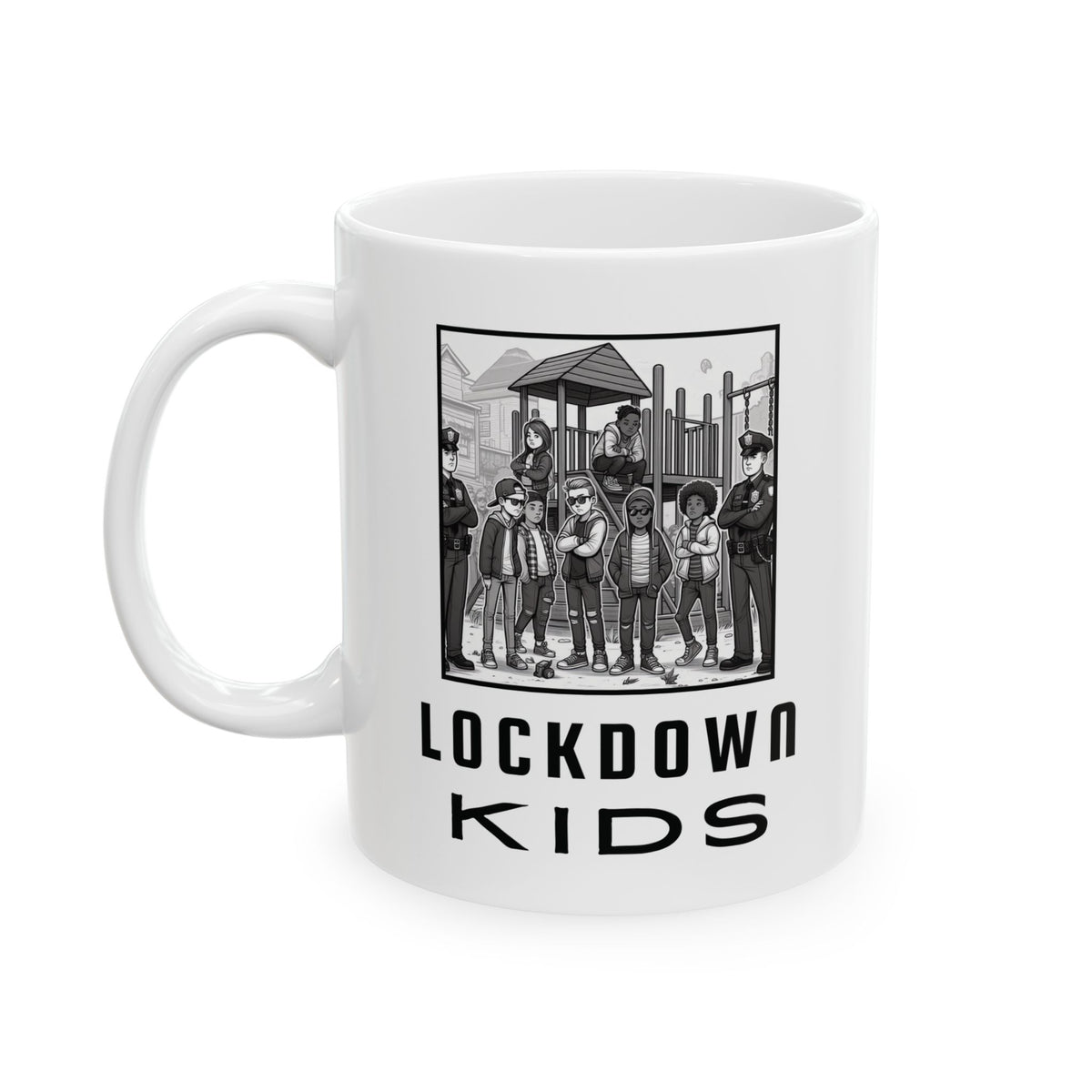 Lockdown Kids in playground double sided - Covid Lockdown Cup - mono