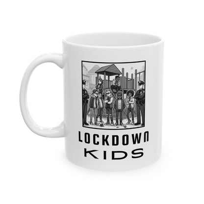 Lockdown Kids in playground double sided - Covid Lockdown Cup - mono
