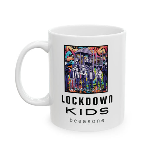 Lockdown Kids in playground with  printed on the other side - Covid Lockdown Cup