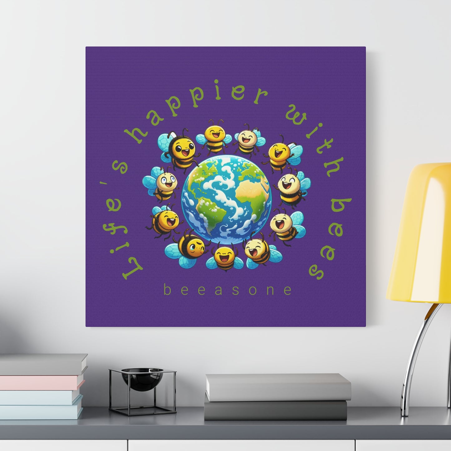 Life's happier with bees beeasone print on canvas with hanging kit