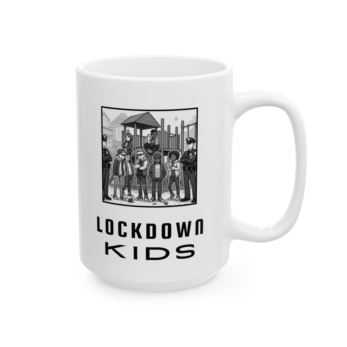 Lockdown Kids in playground double sided - Covid Lockdown Cup - mono