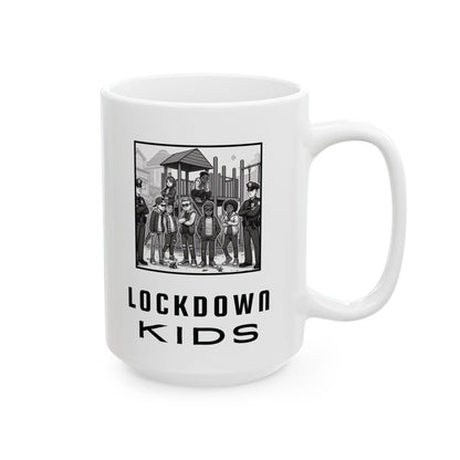 Lockdown Kids in playground double sided - Covid Lockdown Cup - mono