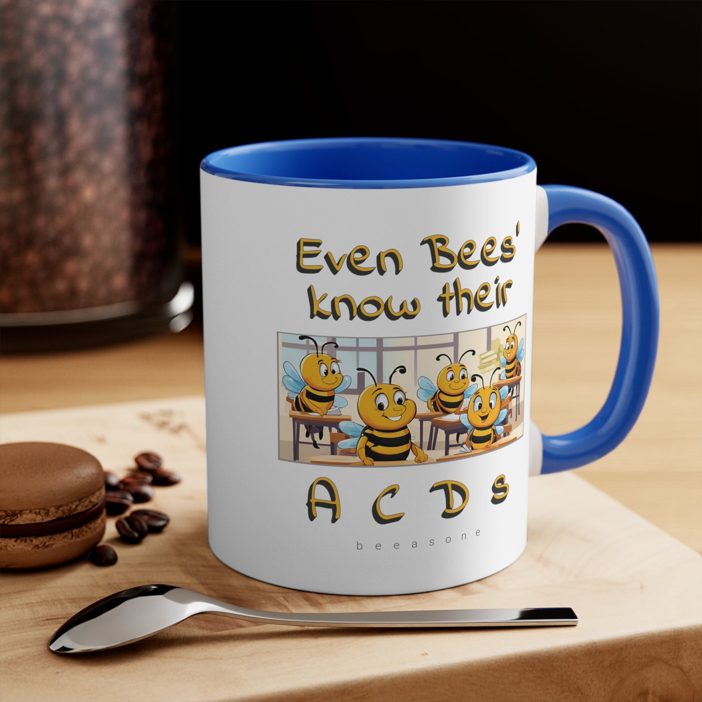 Even bees know their A C D s beeasone coloured Hot Chocolate or Coffee Mug 325ml (Standard 11oz) left-handed mug :)  Special Spelling Bee Promotion