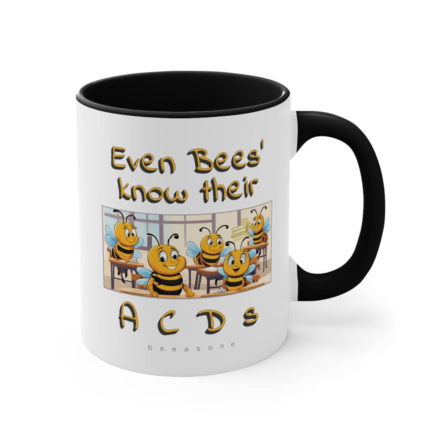 Even bees know their A C D s beeasone coloured Hot Chocolate or Coffee Mug 325ml (Standard 11oz) right-handed mug :)  Special Spelling Bee Promotion