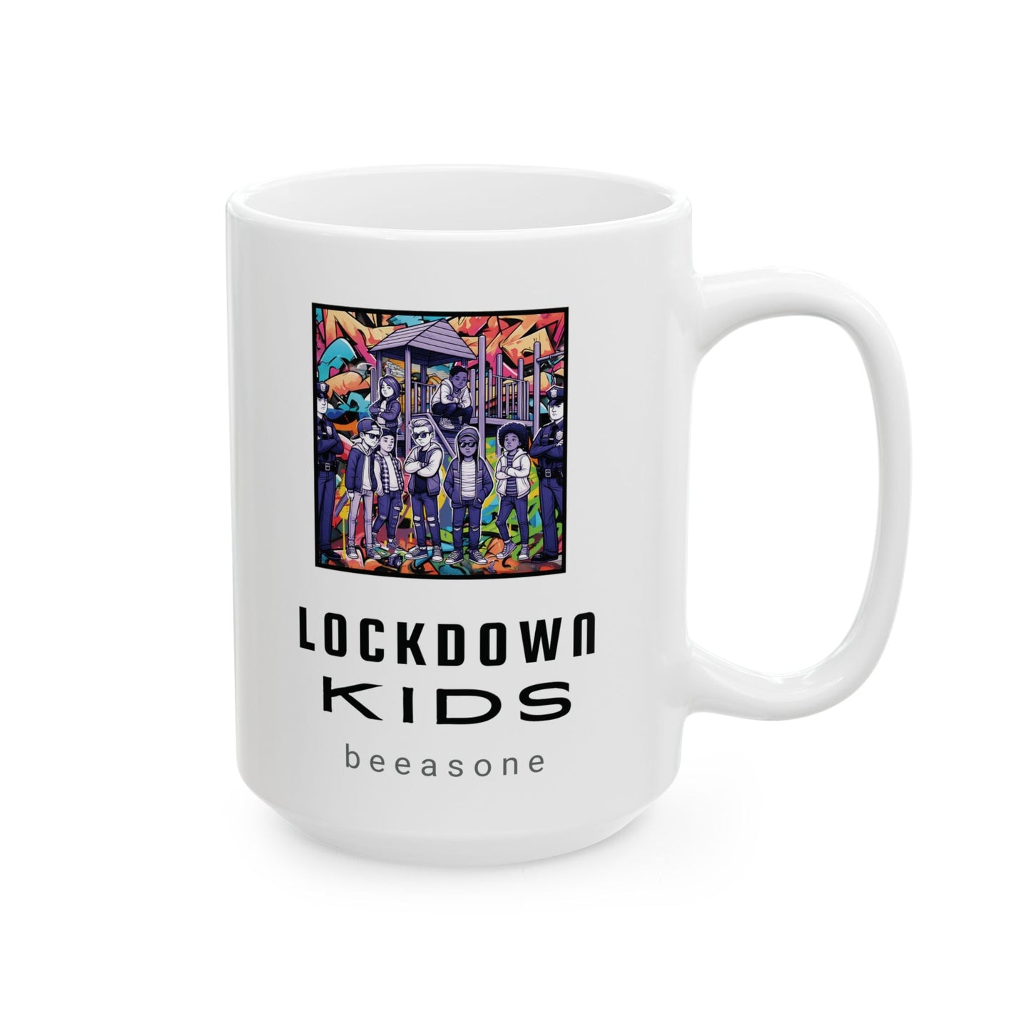 Lockdown Kids in playground with  printed on the other side - Covid Lockdown Cup