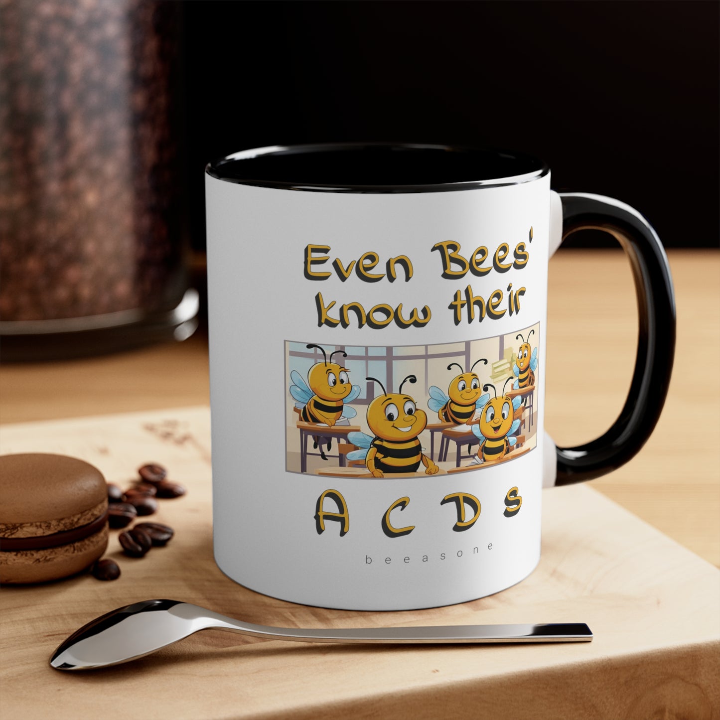 Even bees know their A C D s beeasone coloured Hot Chocolate or Coffee Mug 325ml (Standard 11oz) left-handed mug :)  Special Spelling Bee Promotion