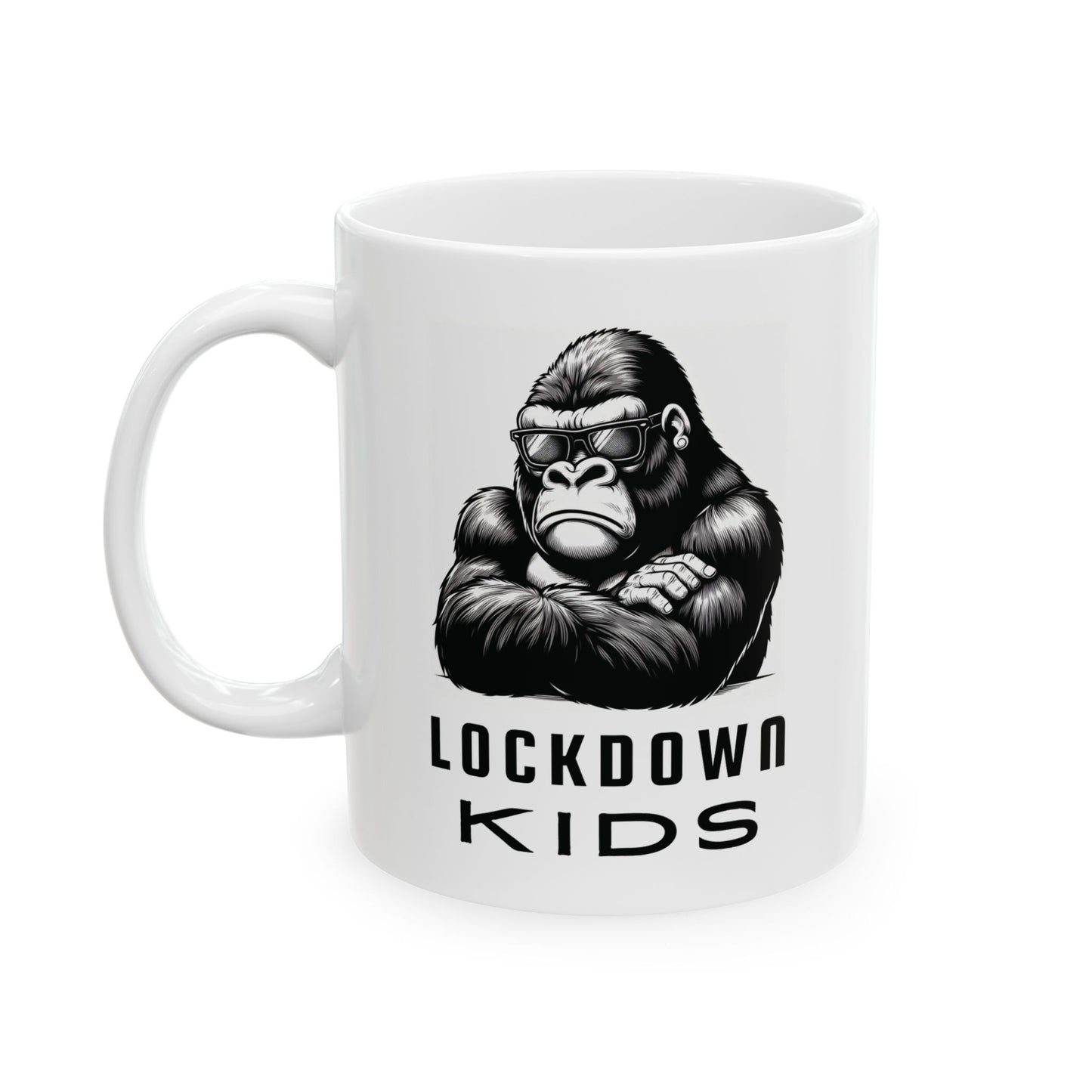 Lockdown Kids - Gorilla - double sided - Covid Lockdown Cup - mono. Available in two sizes: 11oz (0.33 l) and 15oz (0.44 l)