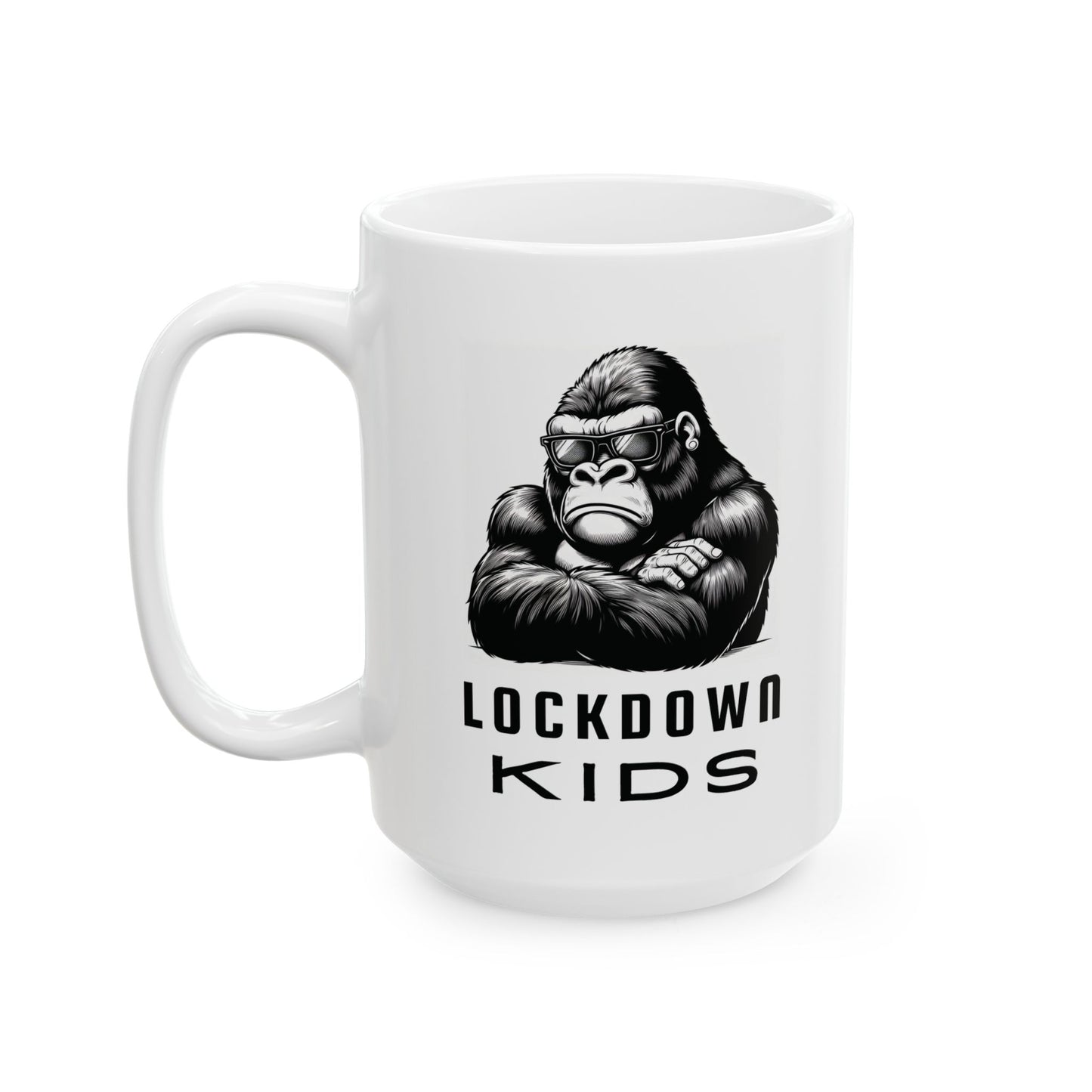 Lockdown Kids - Gorilla - double sided - Covid Lockdown Cup - mono. Available in two sizes: 11oz (0.33 l) and 15oz (0.44 l)