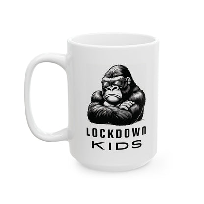 Lockdown Kids - Gorilla - double sided - Covid Lockdown Cup - mono. Available in two sizes: 11oz (0.33 l) and 15oz (0.44 l)