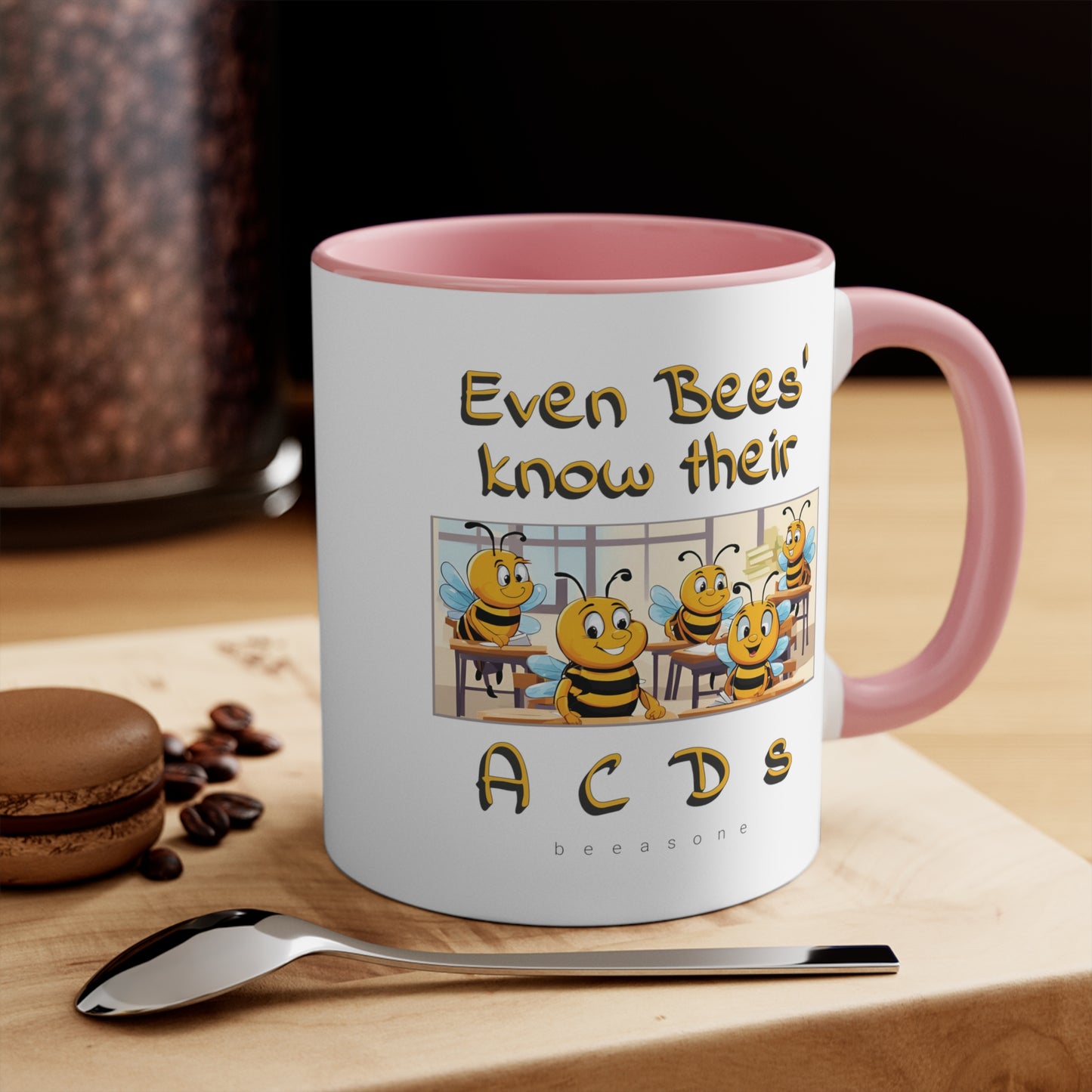 Even bees know their A C D s beeasone coloured Hot Chocolate or Coffee Mug 325ml (Standard 11oz) left-handed mug :)  Special Spelling Bee Promotion