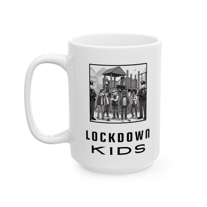 Lockdown Kids in playground double sided - Covid Lockdown Cup - mono