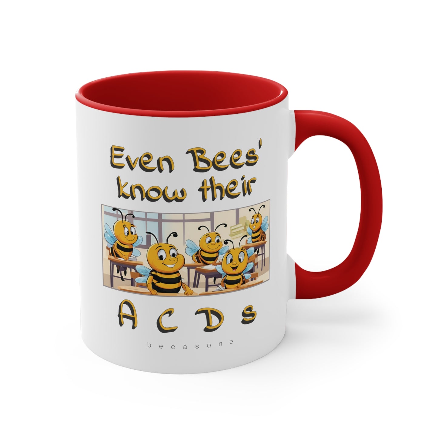 Even bees know their A C D s beeasone coloured Hot Chocolate or Coffee Mug 325ml (Standard 11oz) left-handed mug :)  Special Spelling Bee Promotion