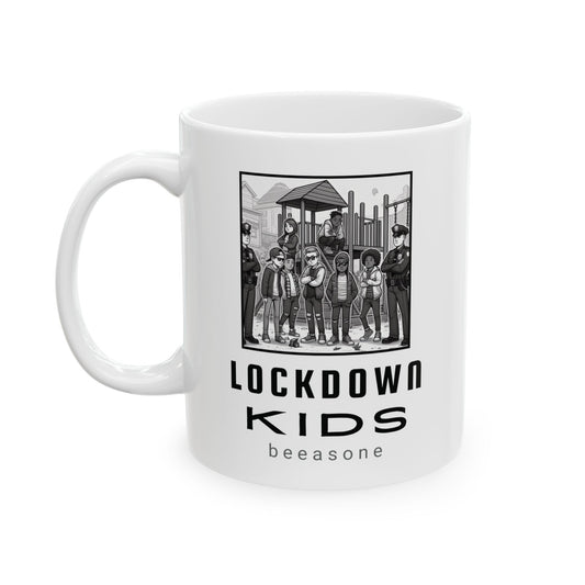 Lockdown Kids in playground double sided - Covid Lockdown Cup - mono. Available in two sizes: 11oz (0.33 l) and 15oz (0.44 l)