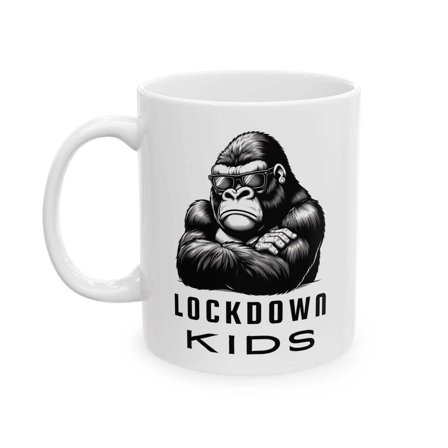 Lockdown Kids - Gorilla - double sided - Covid Lockdown Cup - mono. Available in two sizes: 11oz (0.33 l) and 15oz (0.44 l)