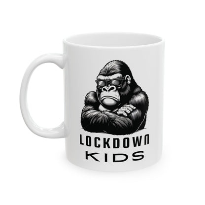 Lockdown Kids - Gorilla - double sided - Covid Lockdown Cup - mono. Available in two sizes: 11oz (0.33 l) and 15oz (0.44 l)