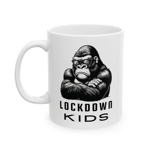 Lockdown Kids - Gorilla - double sided - Covid Lockdown Cup - mono. Available in two sizes: 11oz (0.33 l) and 15oz (0.44 l)