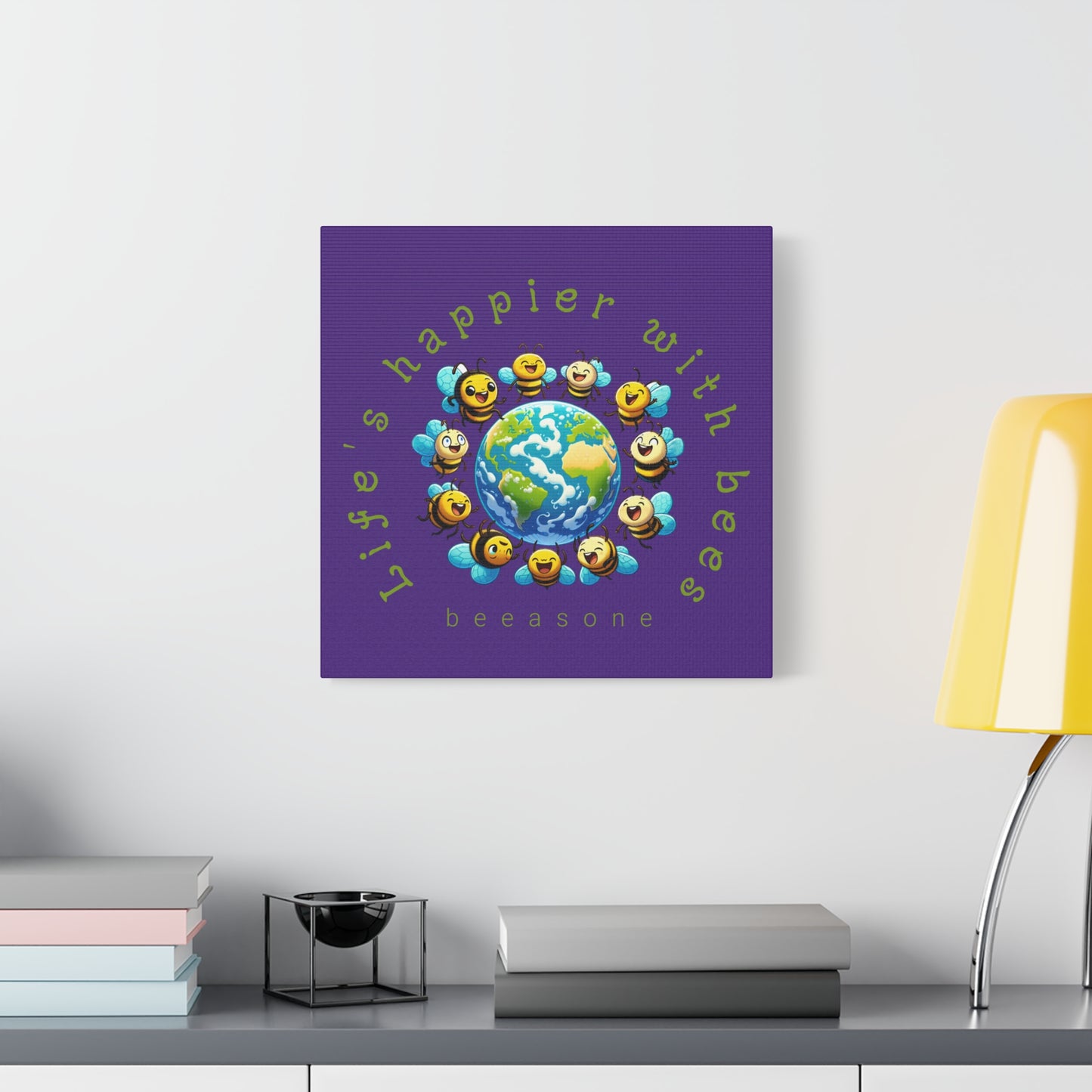 Life's happier with bees beeasone print on canvas with hanging kit