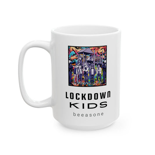 Lockdown Kids in playground with  printed on the other side - Covid Lockdown Cup