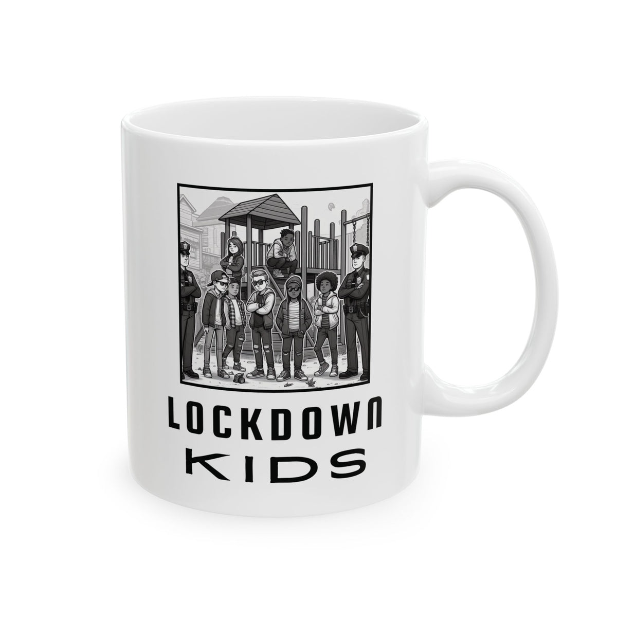 Lockdown Kids in playground double sided - Covid Lockdown Cup - mono