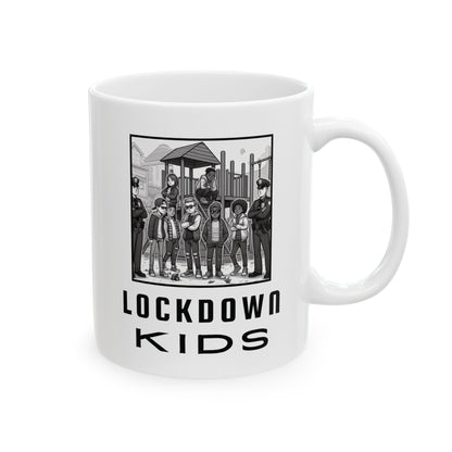 Lockdown Kids in playground double sided - Covid Lockdown Cup - mono