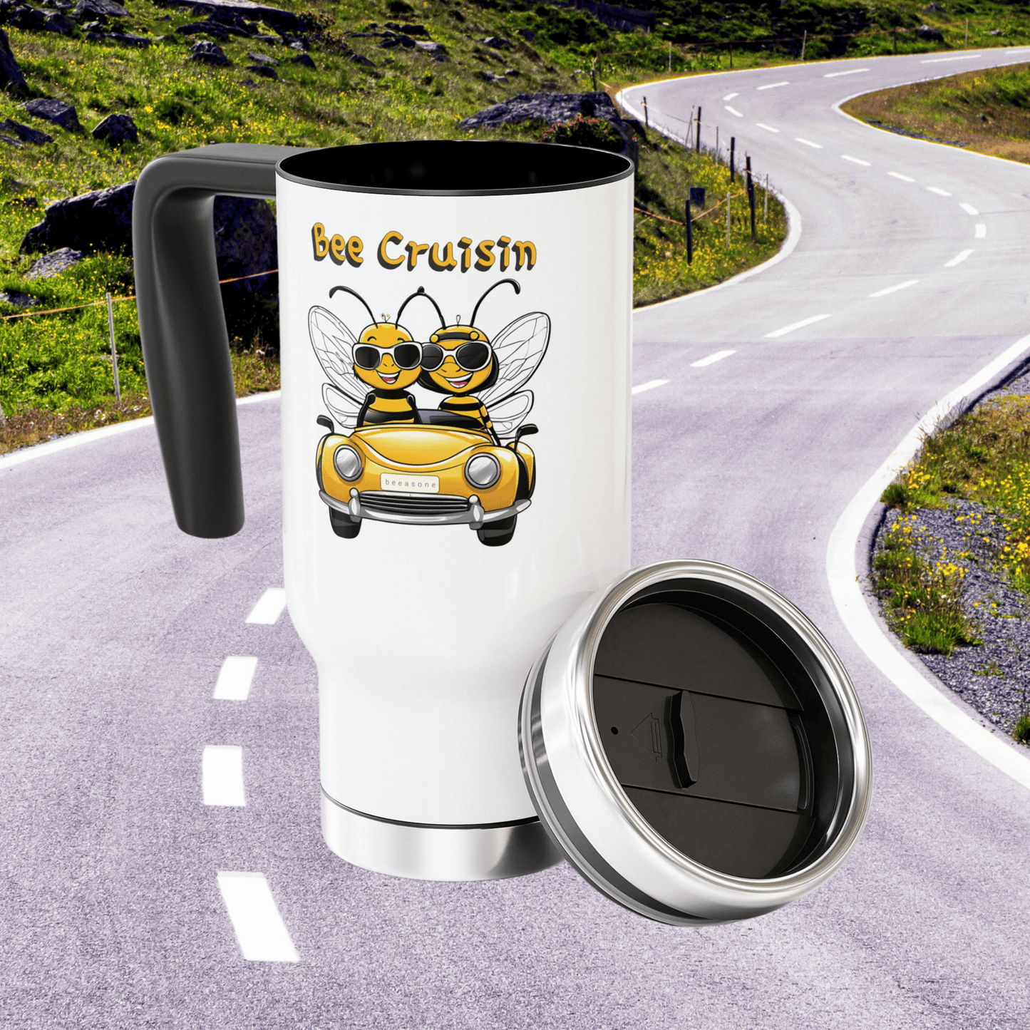 Love cruising along a country road. Then grab your perfect two companions.  Your co-driver and your "Bee Cruisin" travel mug from beeasone.com.  What a combination. Safe travels